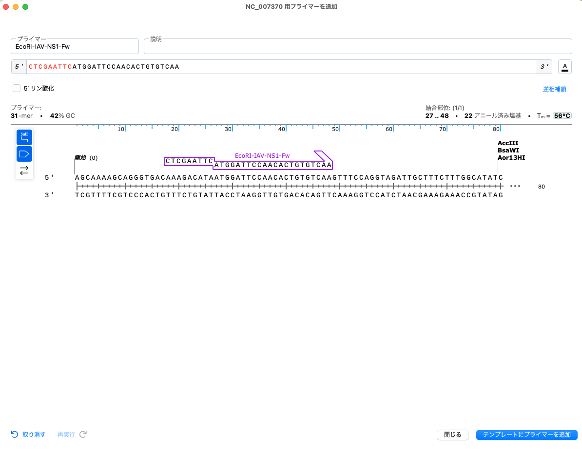 SnapGene_制限酵素処理による挿入クローニング_プライマーを追加_Fwd