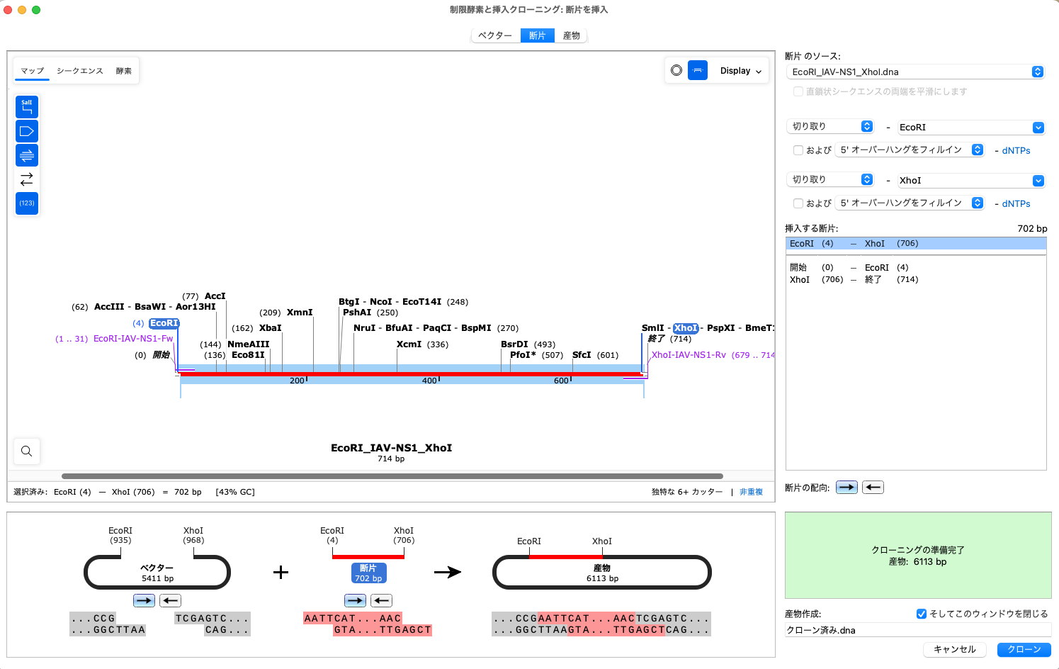 SnapGene_制限酵素処理と挿入クローニング_断片タブ