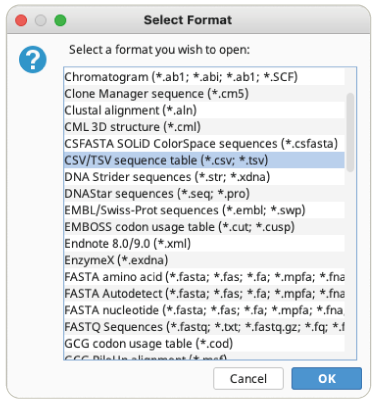 Geneious_メタデータのインポート_Select Formatダイアログ