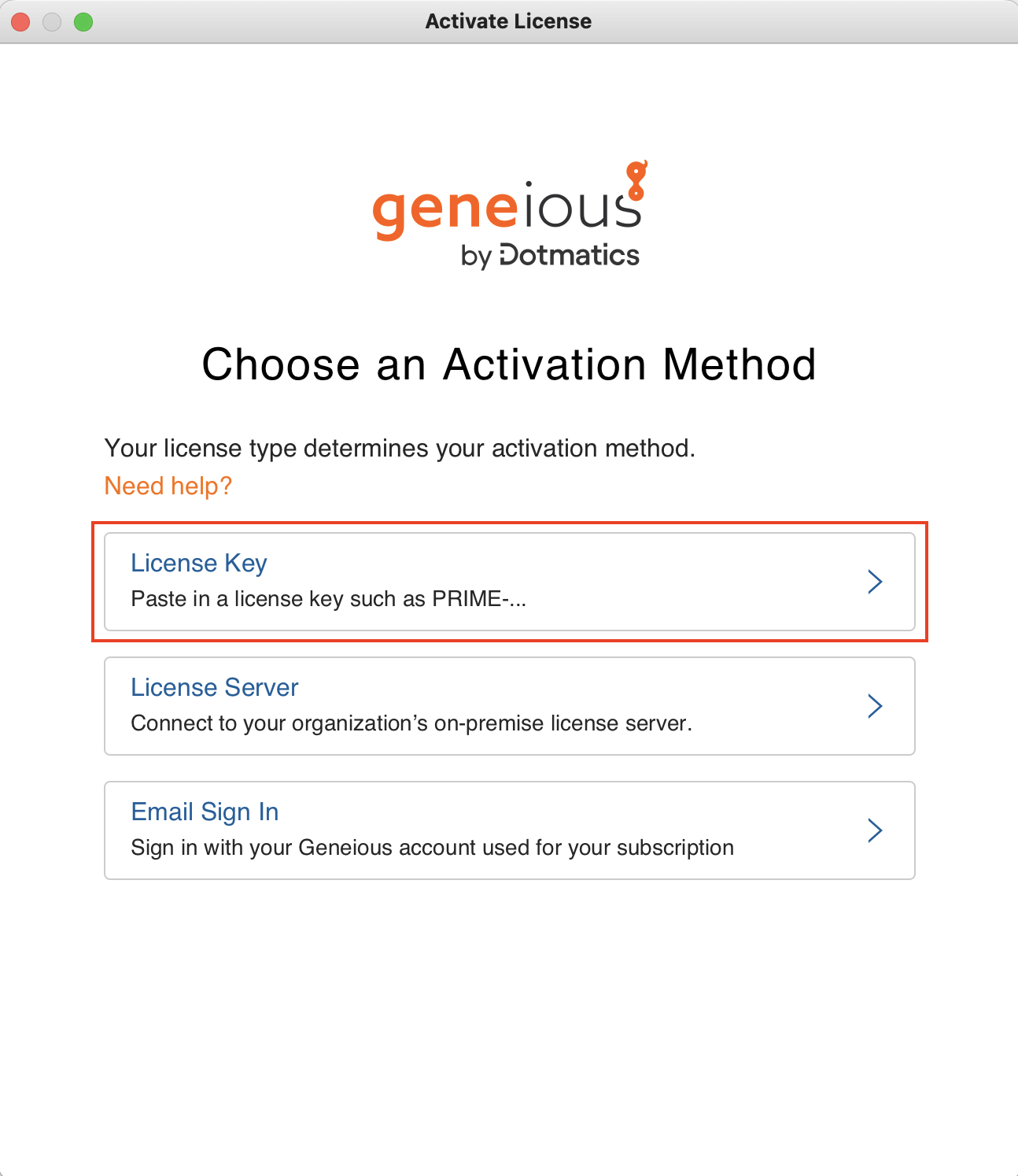Geneious_Choose an Activation Methodダイアログ