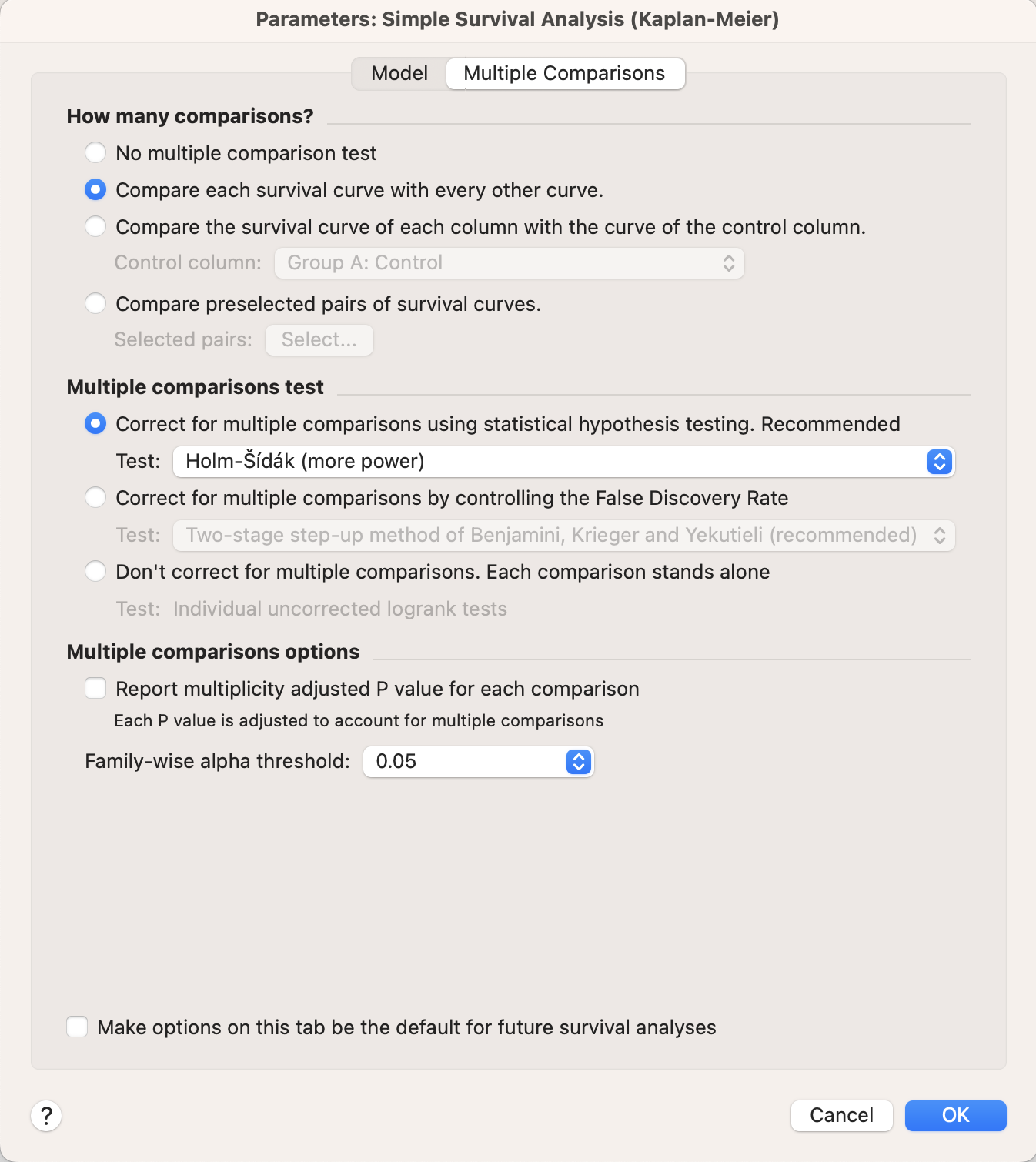 Prism_生存時間解析_カプランマイヤー_三群以上の生存データにおける多重比較